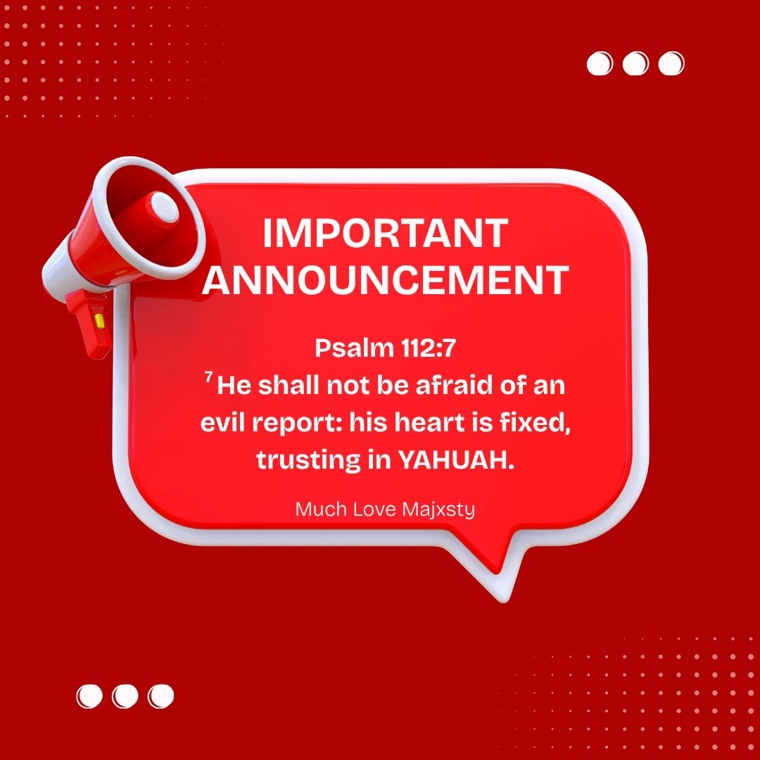 SHABBAT SHALOM! LET US NOT BE AFRAID OF WHAT WE HEAR. REMEMBER… YAH IS IN CONTROL! LET US CONTINUE TO PRAISE AND WORSHIP ABBA YAH EVEN IN THE MIDST OF HEARING EVIL REPORTS!!!????? – MUSIC MESSAGE MINISTRY